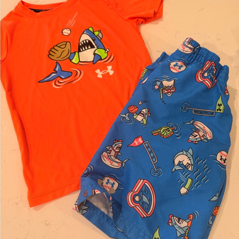 Under Armour Orange Tee with Blue Shark Print Swim Shorts